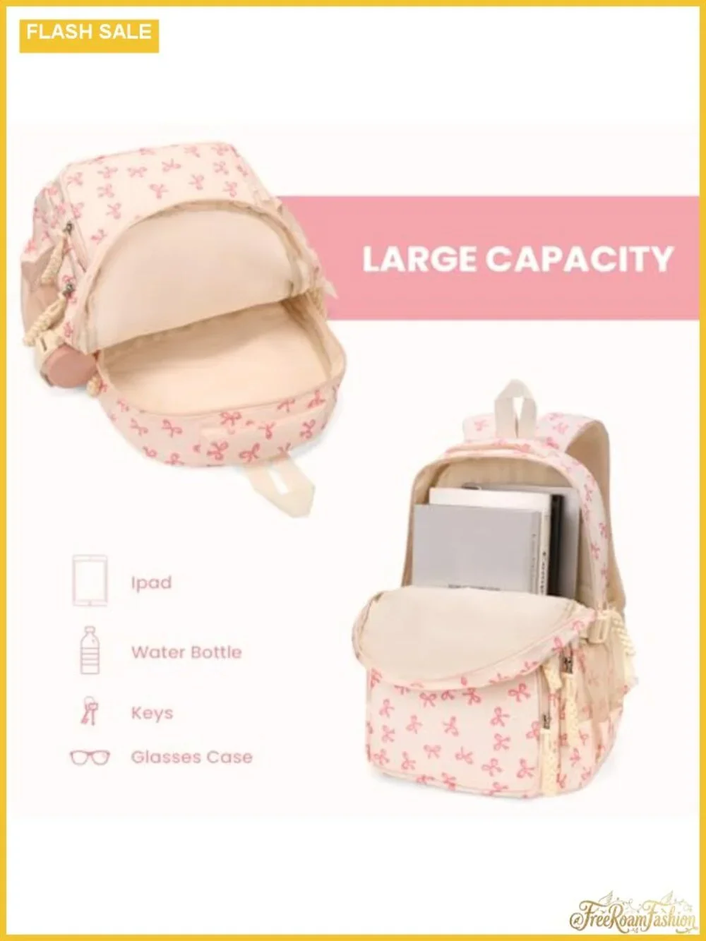Cute Bow Nylon Backpack for Women Kawaii Aesthetic Schoolbag Rucksack with
